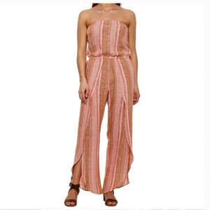 NWT DREW Anthropologie Linen Blend Striped Strapless Jumpsuit Size: L